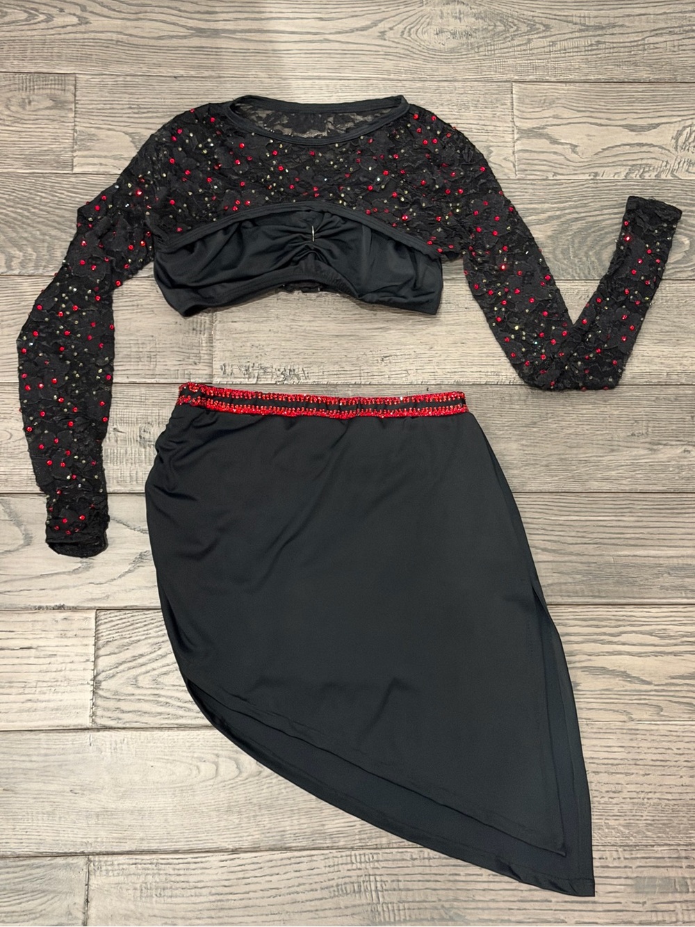 Black and Red Embellished Two-Piece lyrical costume Set built in skirt